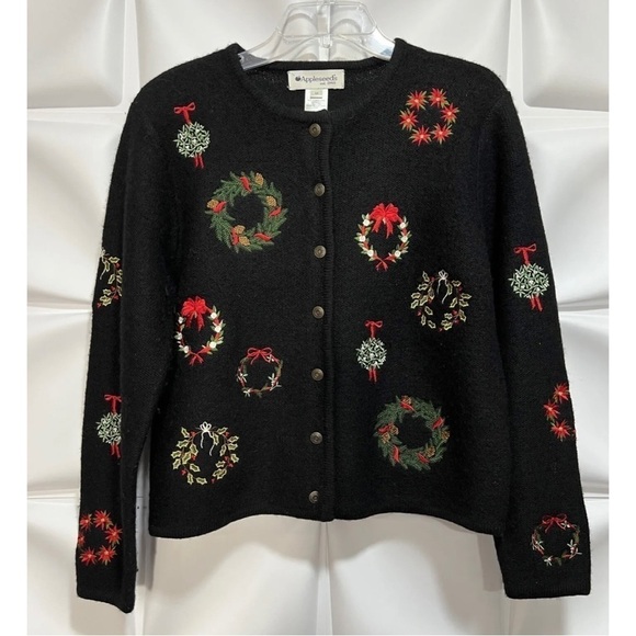Appleseed's Women Sz M ~ WOOL Embroidered Wreath Christmas Cardigan Sweater Y2K - Picture 6 of 7
